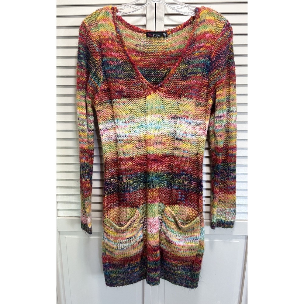 Ultra Flirt Colorful Knit Long Sweater Long Sleeve V Neck Size XL Pockets Soft